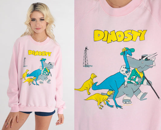 80s Dinosaur Dinosty Pun Raglan Sweatshirt Baby Pink Graphic Crewneck Large