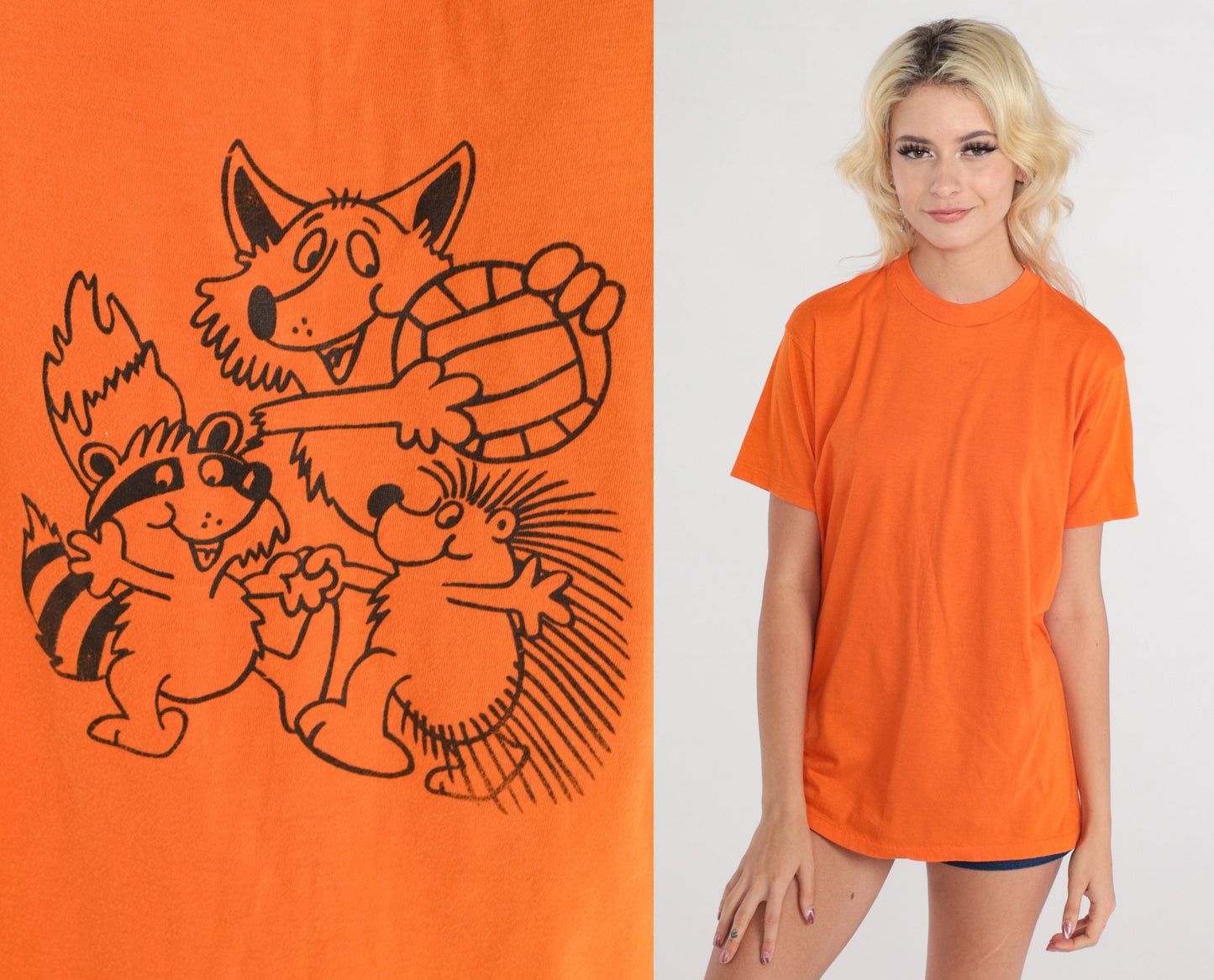 80s Sports Animals Graphic T-Shirt Orange Cartoon Porcupine Raccoon Coyote Large