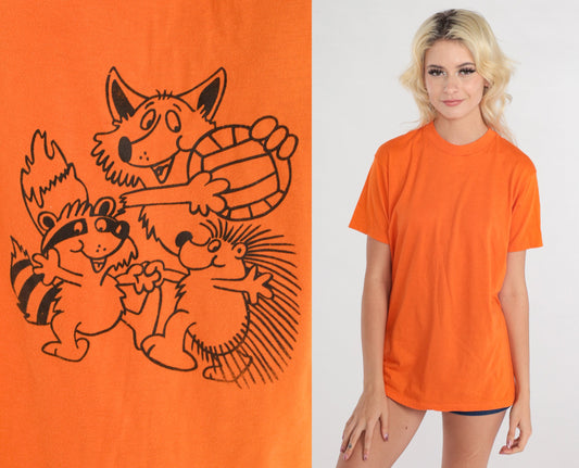 80s Sports Animals Graphic T-Shirt Orange Cartoon Porcupine Raccoon Coyote Large