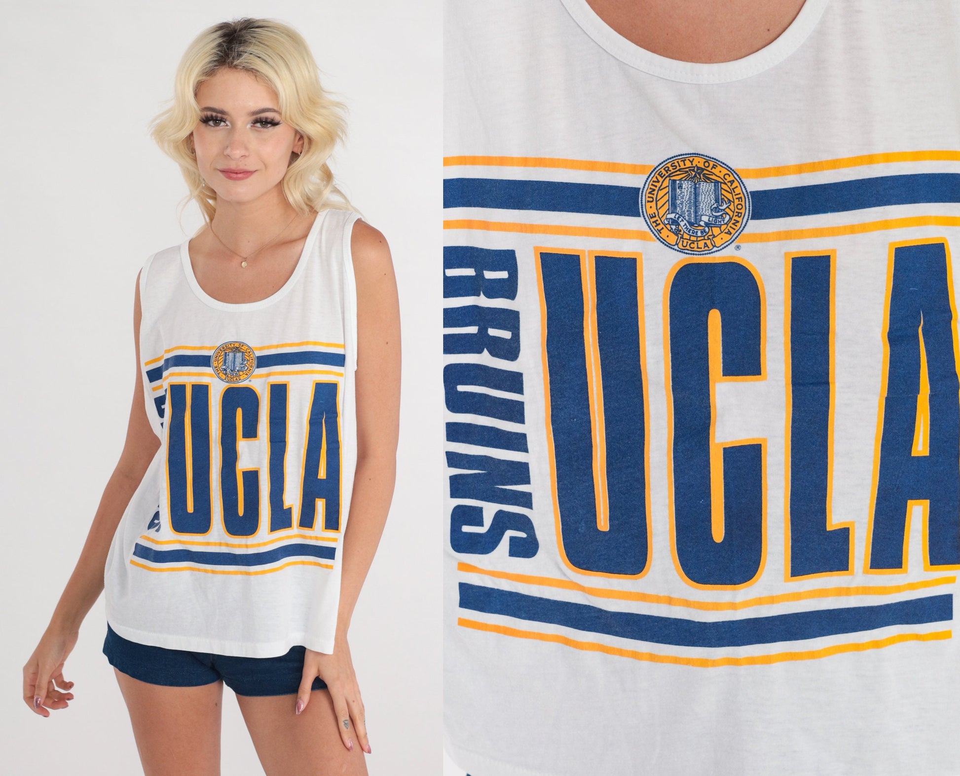 80s UCLA Bruins Graphic Tank Top White Single Stitch Medium