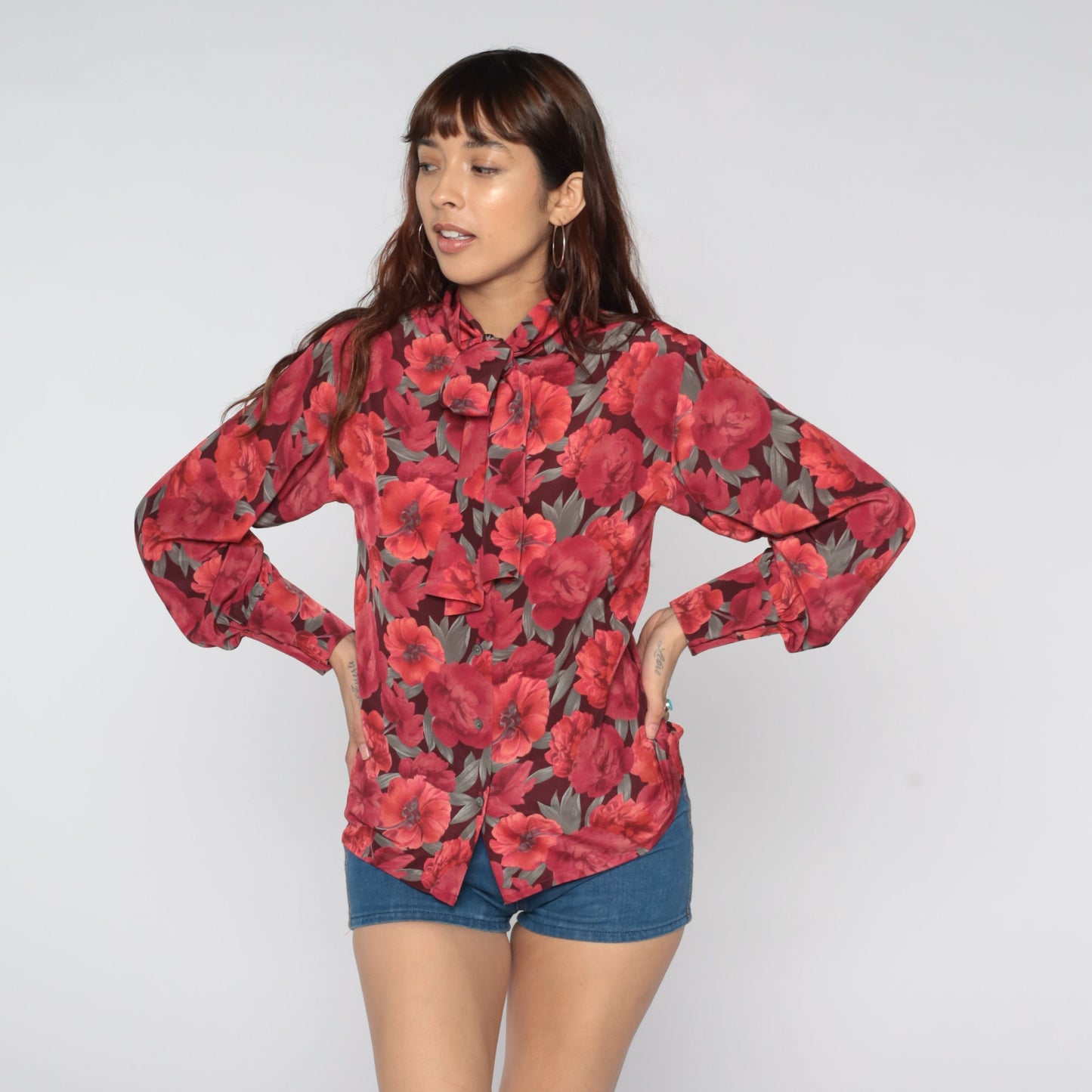 80s Jaeger Floral Ascot Blouse Red Button-Up Long Sleeve Small