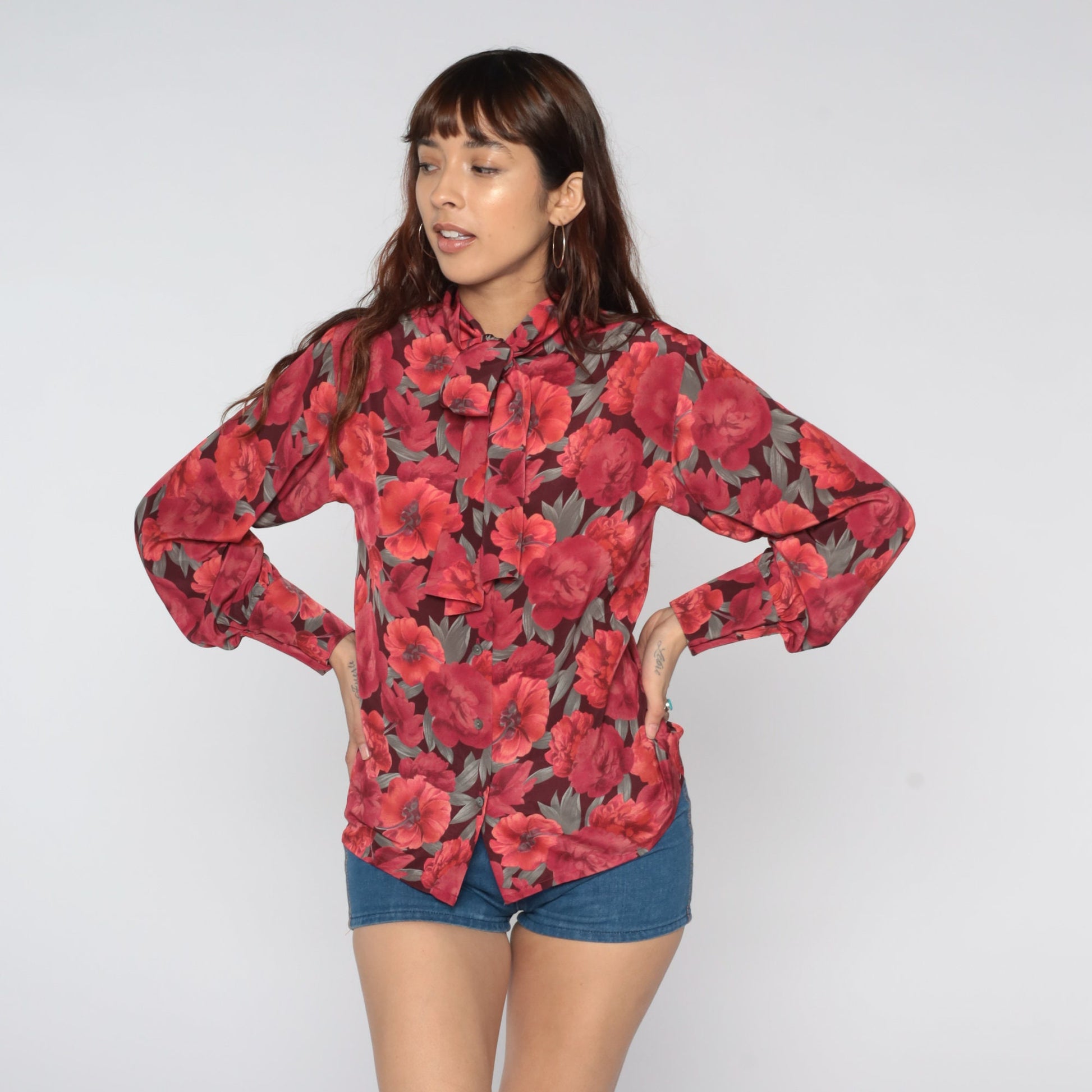 80s Jaeger Floral Ascot Blouse Red Button-Up Long Sleeve Small