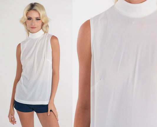 80s White Mock Neck Tank Top Semi-Sheer Sleeveless Blouse Small