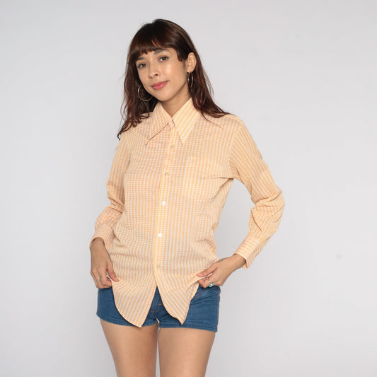 70s Checkered Dagger Collar Shirt Orange Plaid Button-Up Medium