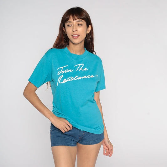 80s Join The Resistance Pump Iron Gym T-Shirt Blue Graphic Tee Medium