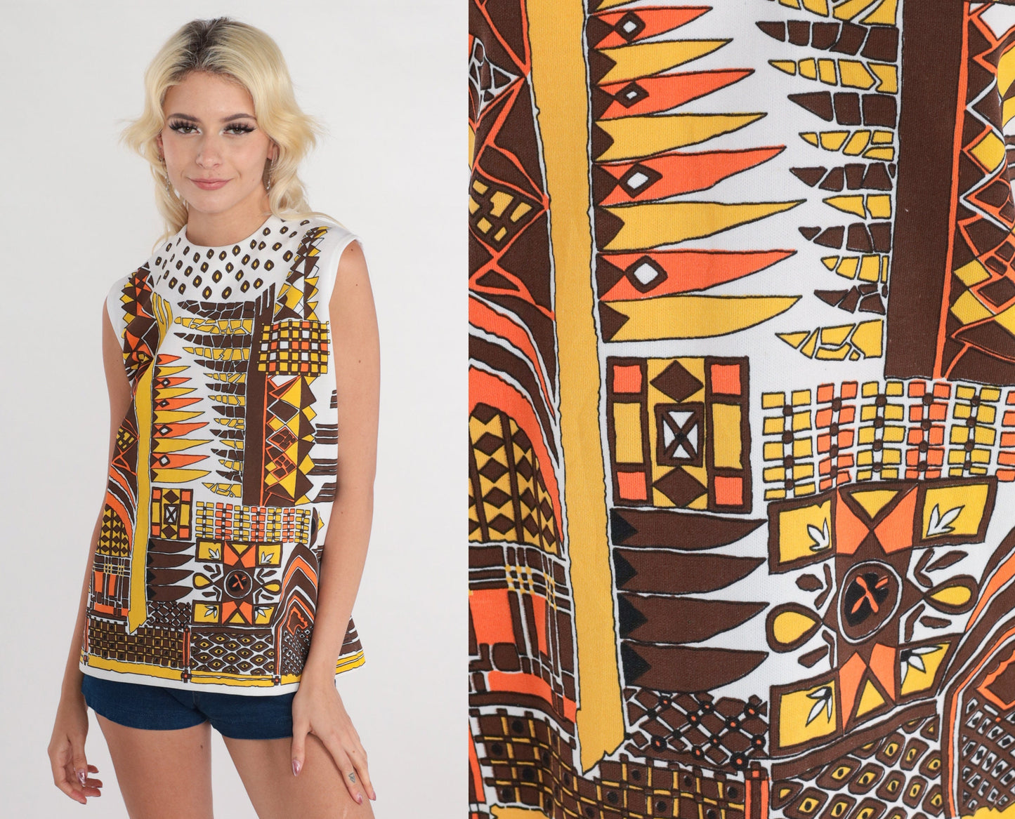 70s Abstract Print Tank Top Sleeveless Blouse White Medium