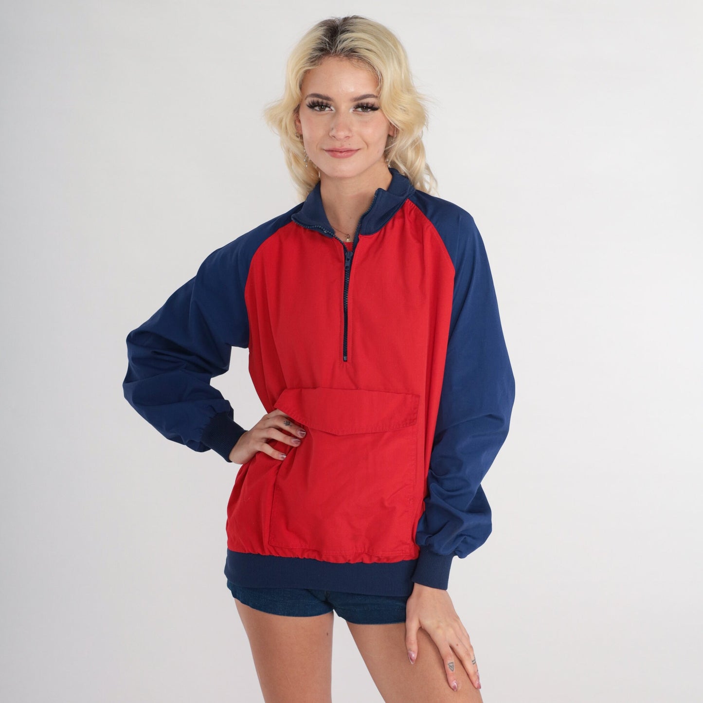 80s Compass Point Color Block Windbreaker Red Blue Quarter Zip Raglan Extra Small
