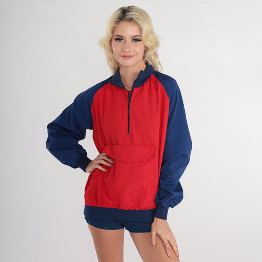 80s Compass Point Color Block Windbreaker Red Blue Quarter Zip Raglan Extra Small