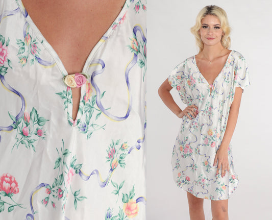 90s White Floral Satin Nightgown Short Sleeve V-Neck Slip Dress Large