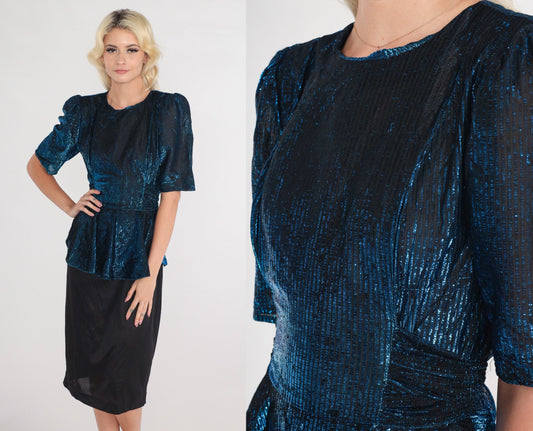 80s Diamonds Run Metallic Peplum Midi Dress Blue Black Puff Sleeve Small