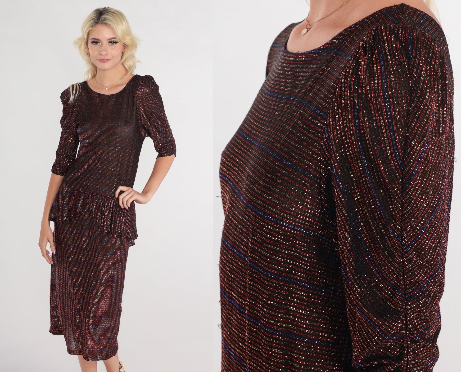 70s Metallic Peplum Midi Dress Puff Sleeve Sparkly Party Cocktail Small S