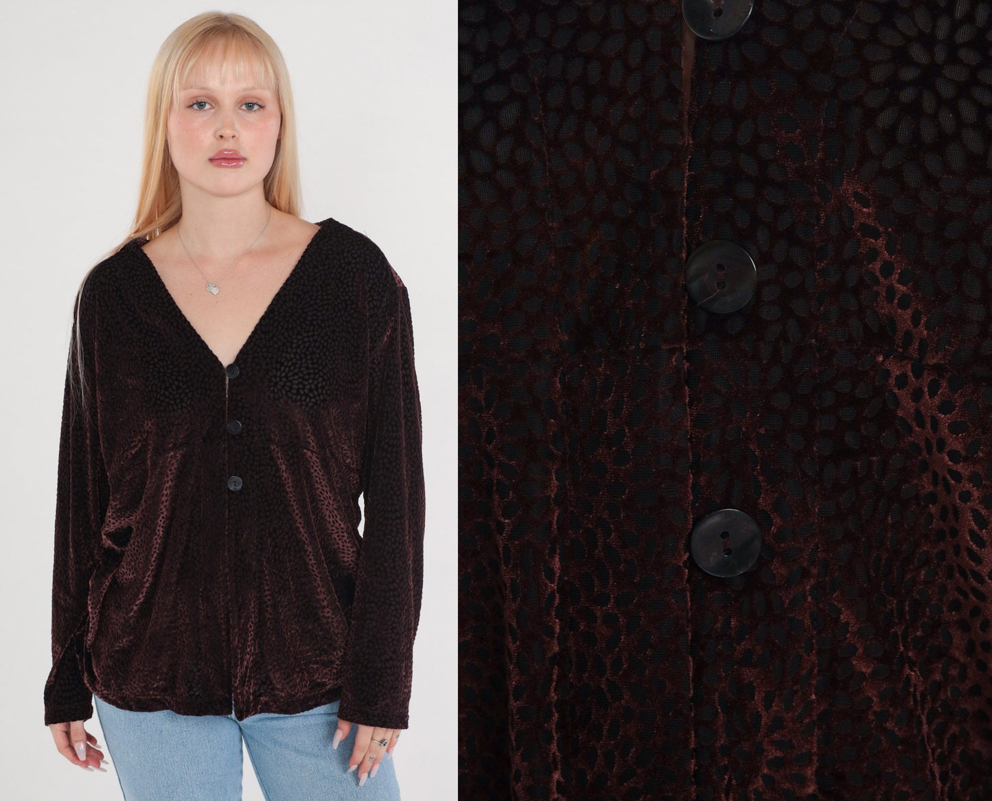 Y2K Wine Velvet Burnout Blouse Leopard Print Button-Up Long Sleeve V-Neck Extra Small
