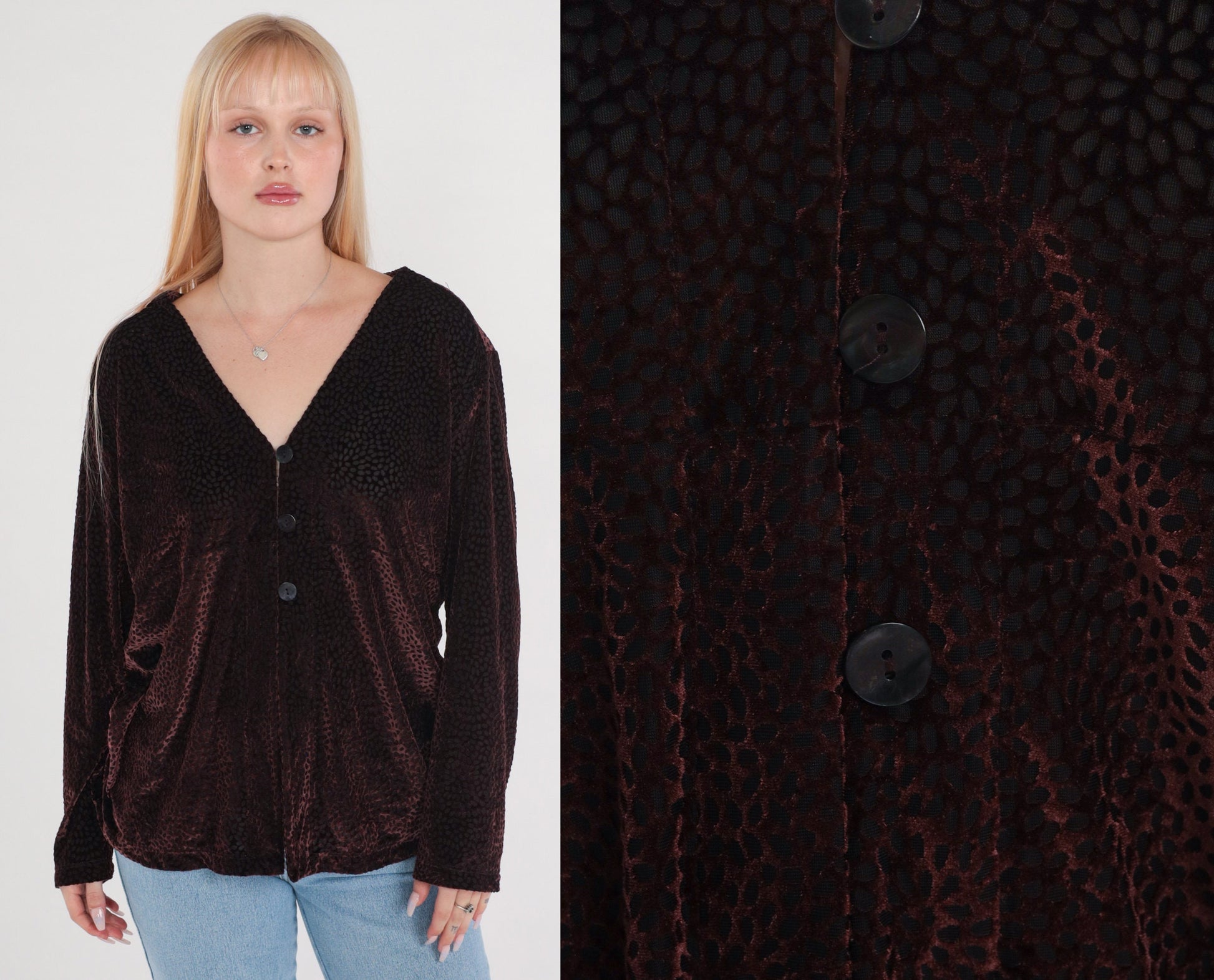 Y2K Wine Velvet Burnout Blouse Leopard Print Button-Up Long Sleeve V-Neck Extra Small