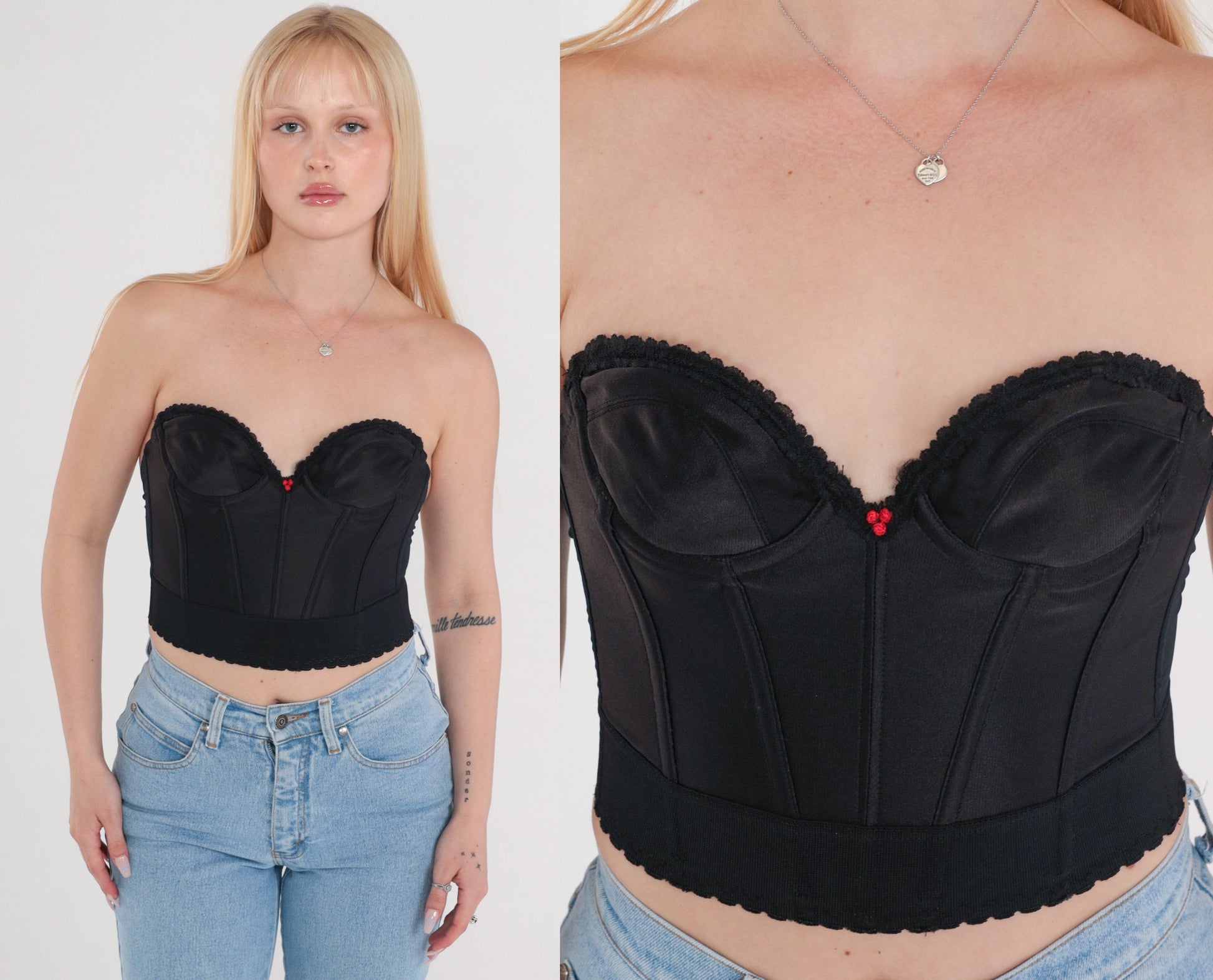 80s Black Boned Bustier Corset Strapless Sweetheart Scalloped Rosette 34A XS