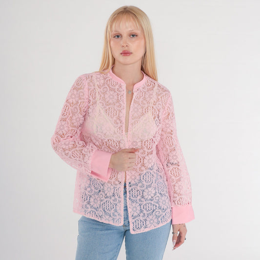 70s Pink Lace Blouse Sheer Floral Long Sleeve Open Front Medium M