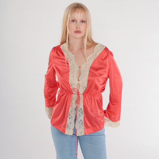 70s Coral Nylon Lace Pajama Top Button-Up Bed Jacket Long Sleeve Medium