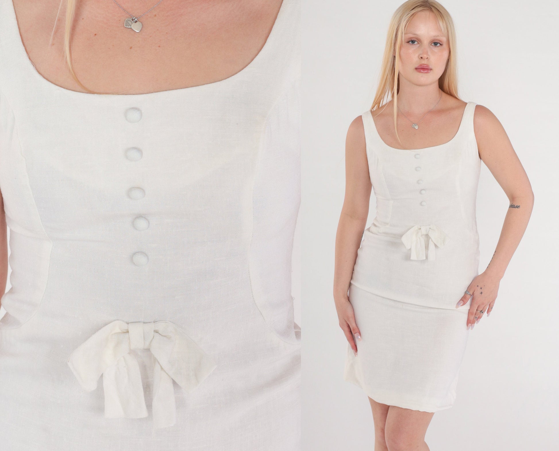 60s White Linen Pencil Dress Sleeveless Bow Mini Sheath Extra Small