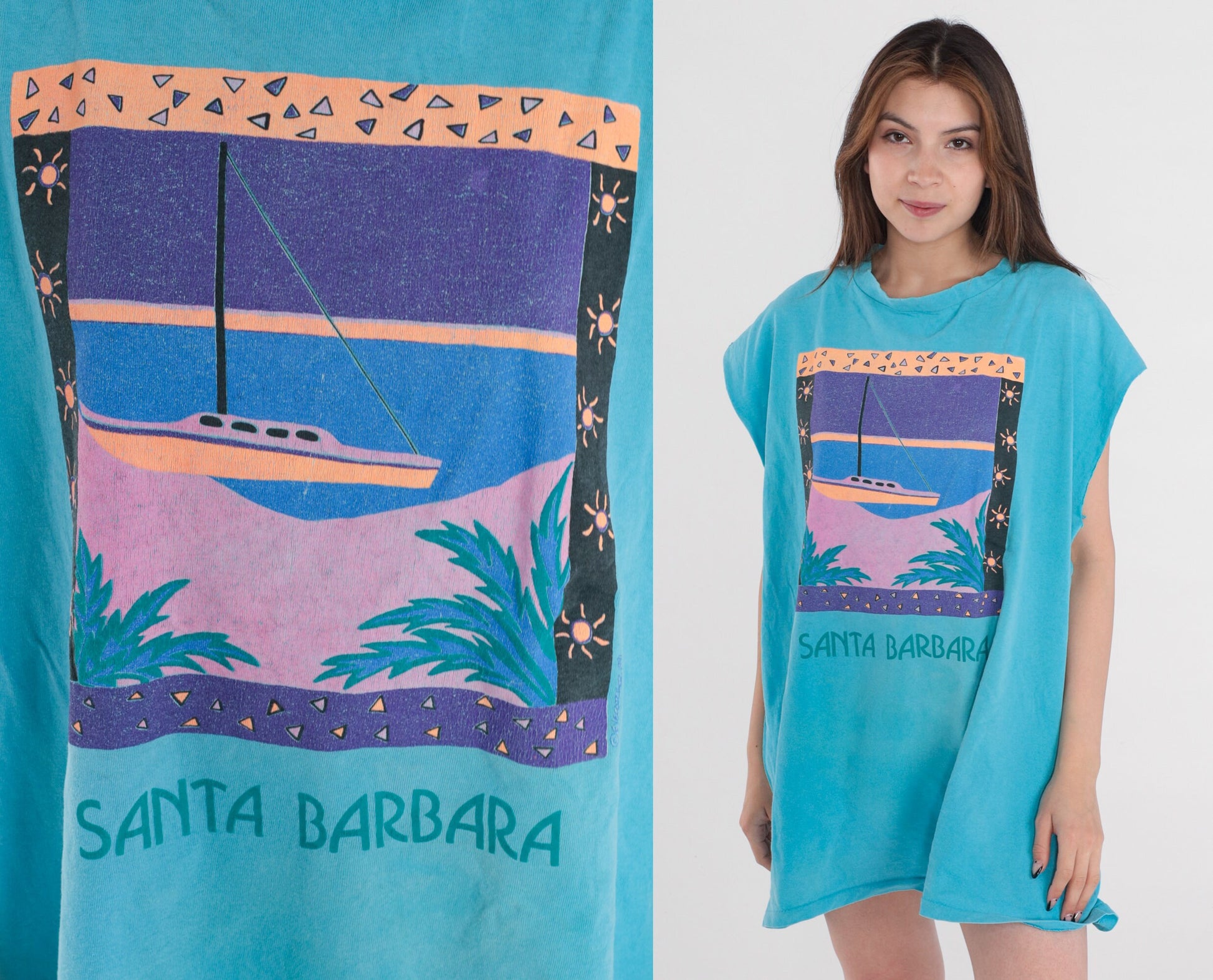 90s Santa Barbara Graphic Muscle Tank Turquoise Cotton Single Stitch Extra Large XL