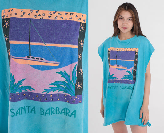 90s Santa Barbara Graphic Muscle Tank Turquoise Cotton Single Stitch Extra Large XL