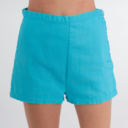 70s High Waisted Shorts Blue Cotton Small S