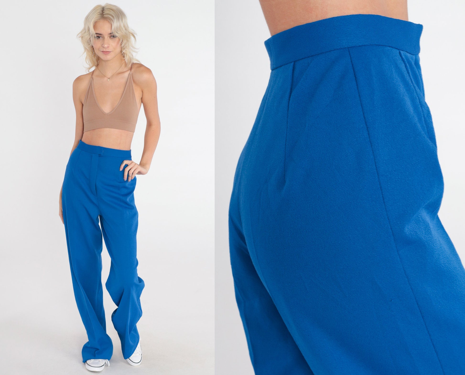 70s Royal Blue High-Waisted Flared Trousers Creased Leg Extra Small
