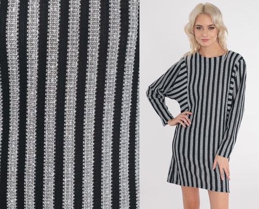 70s Striped Mini Dress Long Sleeve Shift Black White Grey Vertical Stripes Medium
