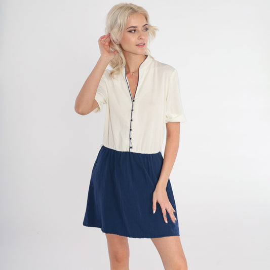 80s White Navy Colorblock Mini Dress Button-Up Shirtwaist Small