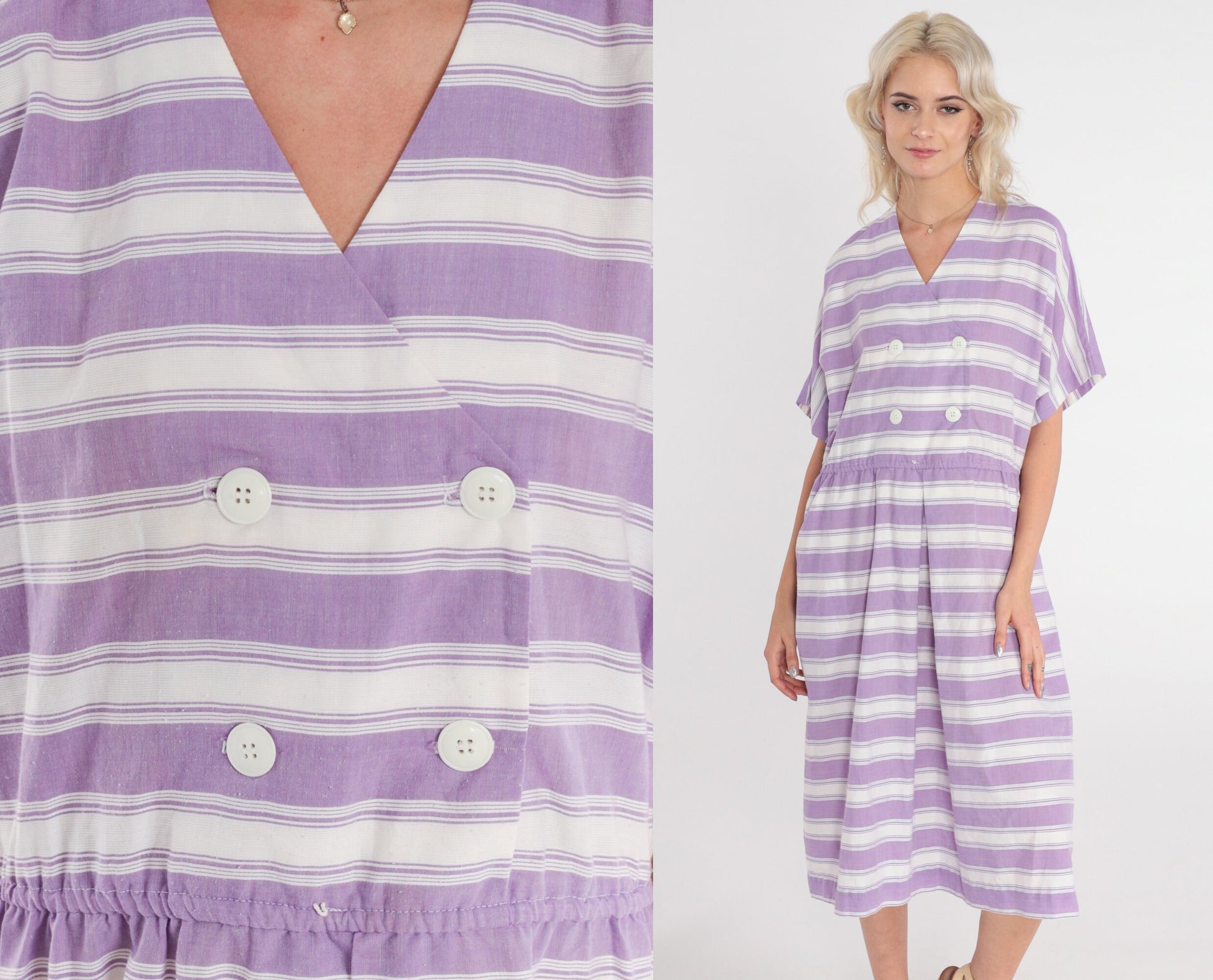 80s Striped Midi Dress White Purple Double Breasted V-Neck High Waisted Medium