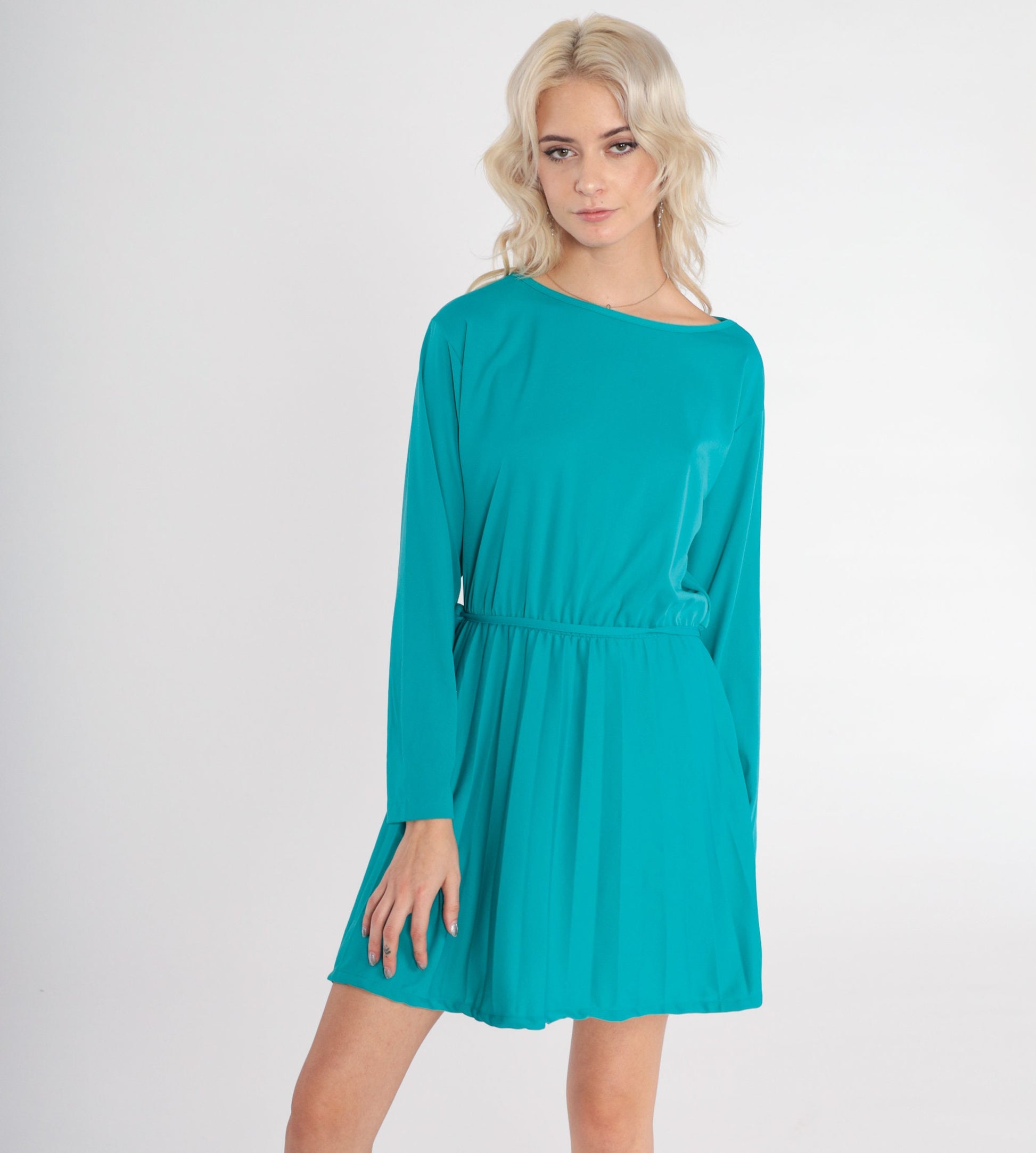 80s Teal Green Mini Dress High Waist Long Sleeve Pleated Medium M