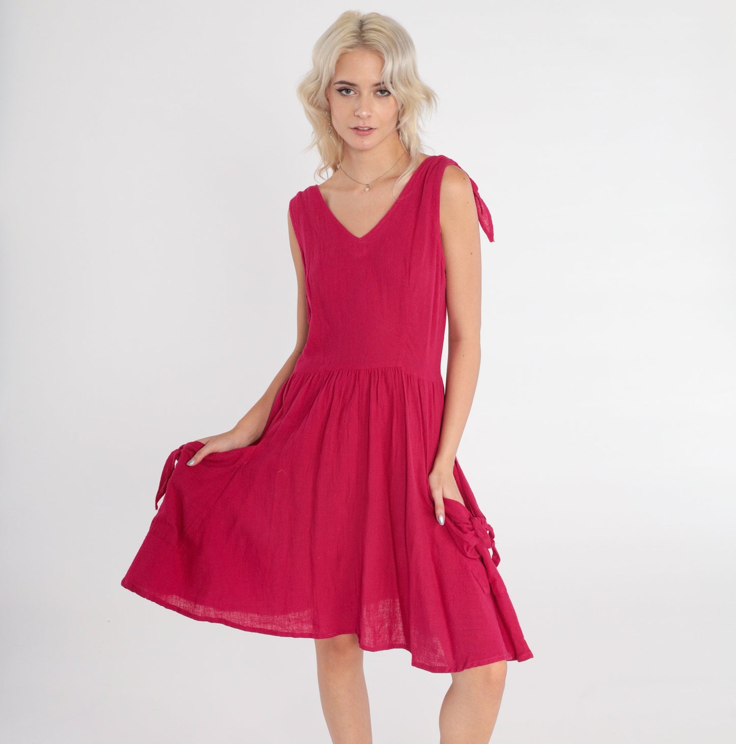 80s Berry Red Mini Sundress Sleeveless High Waist V Neck Pockets Small