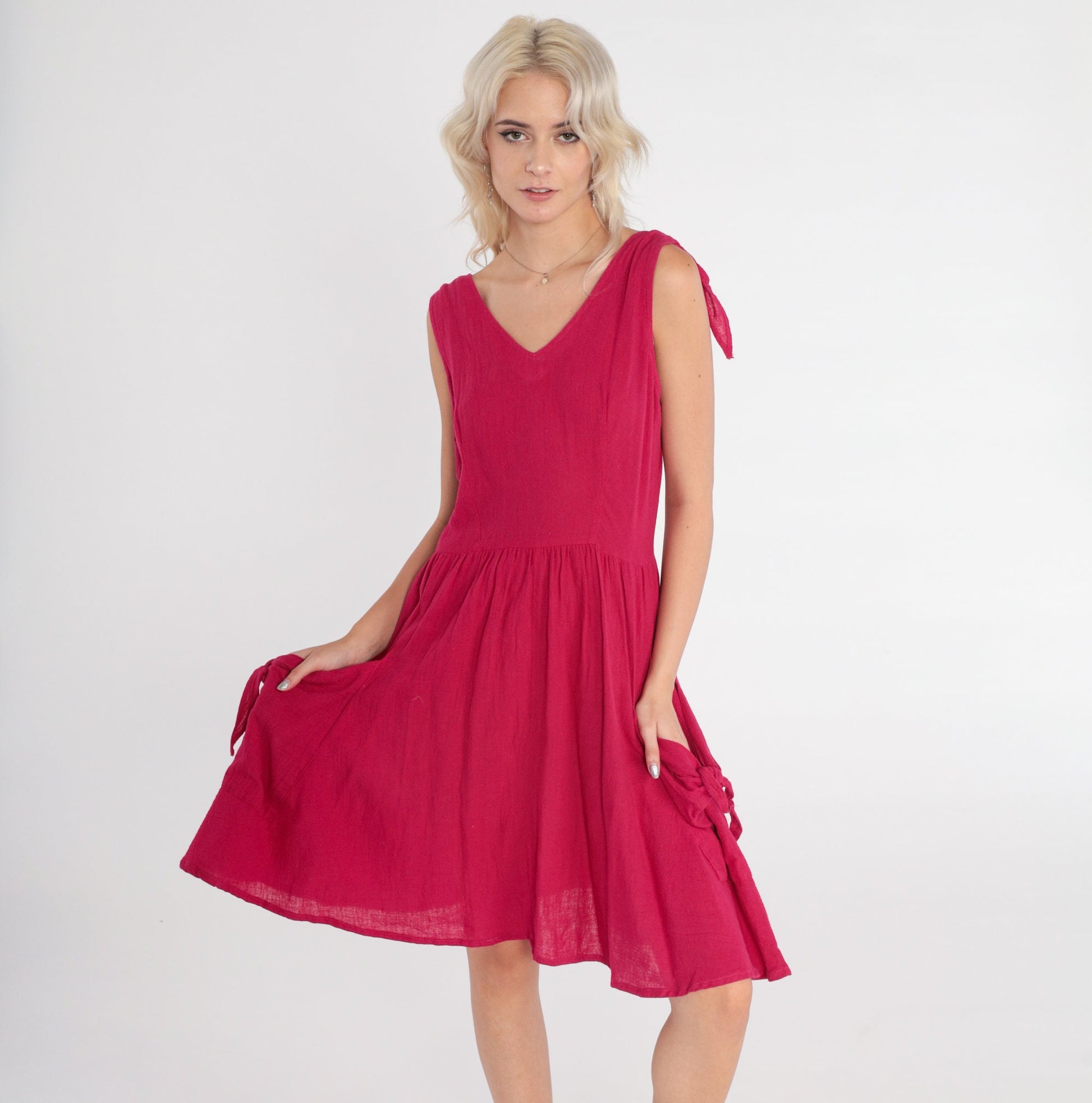 80s Berry Red Mini Sundress Sleeveless High Waist V Neck Pockets Small
