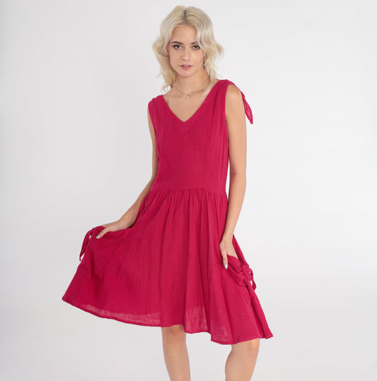 80s Berry Red Mini Sundress Sleeveless High Waist V Neck Pockets Small