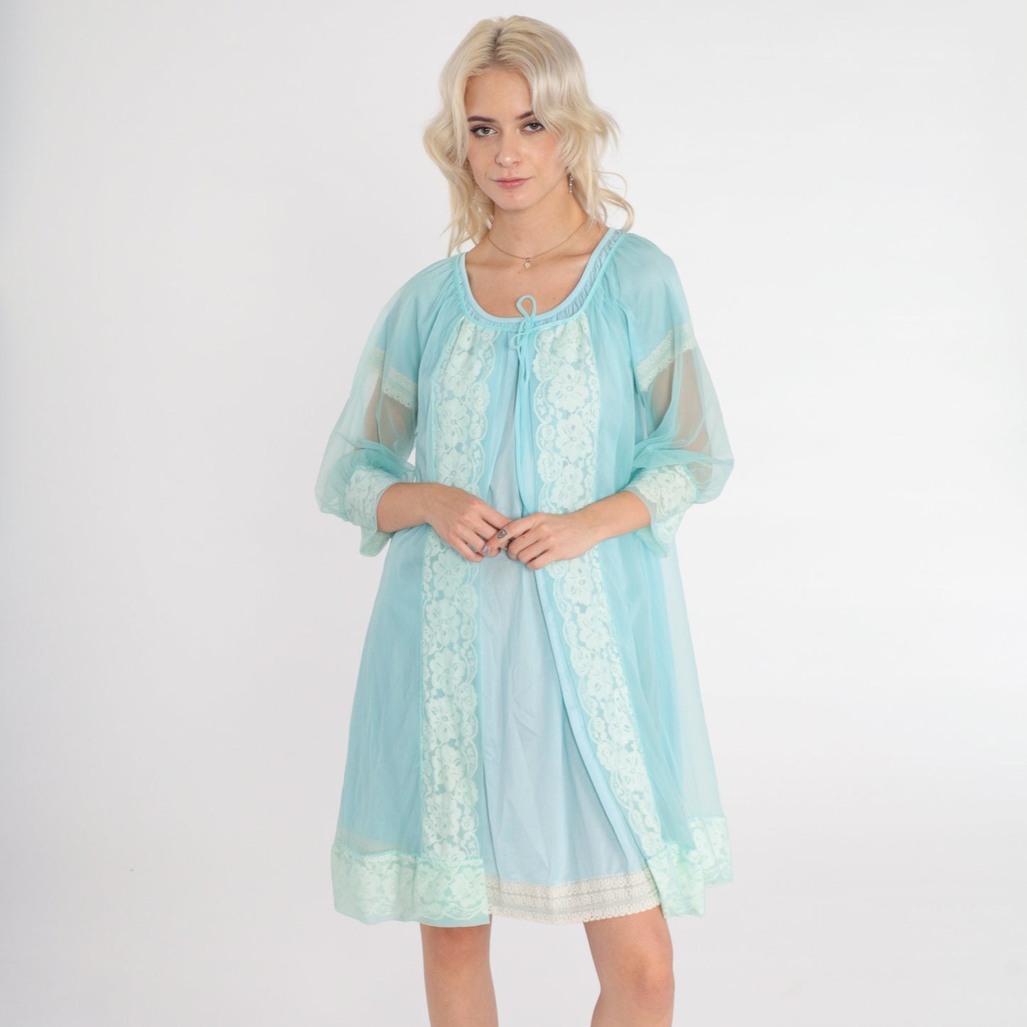 70s Sheer Blue Nylon Lingerie Robe Lace Trim Tie Front Medium M