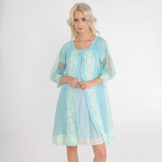 70s Sheer Blue Nylon Lingerie Robe Lace Trim Tie Front Medium M