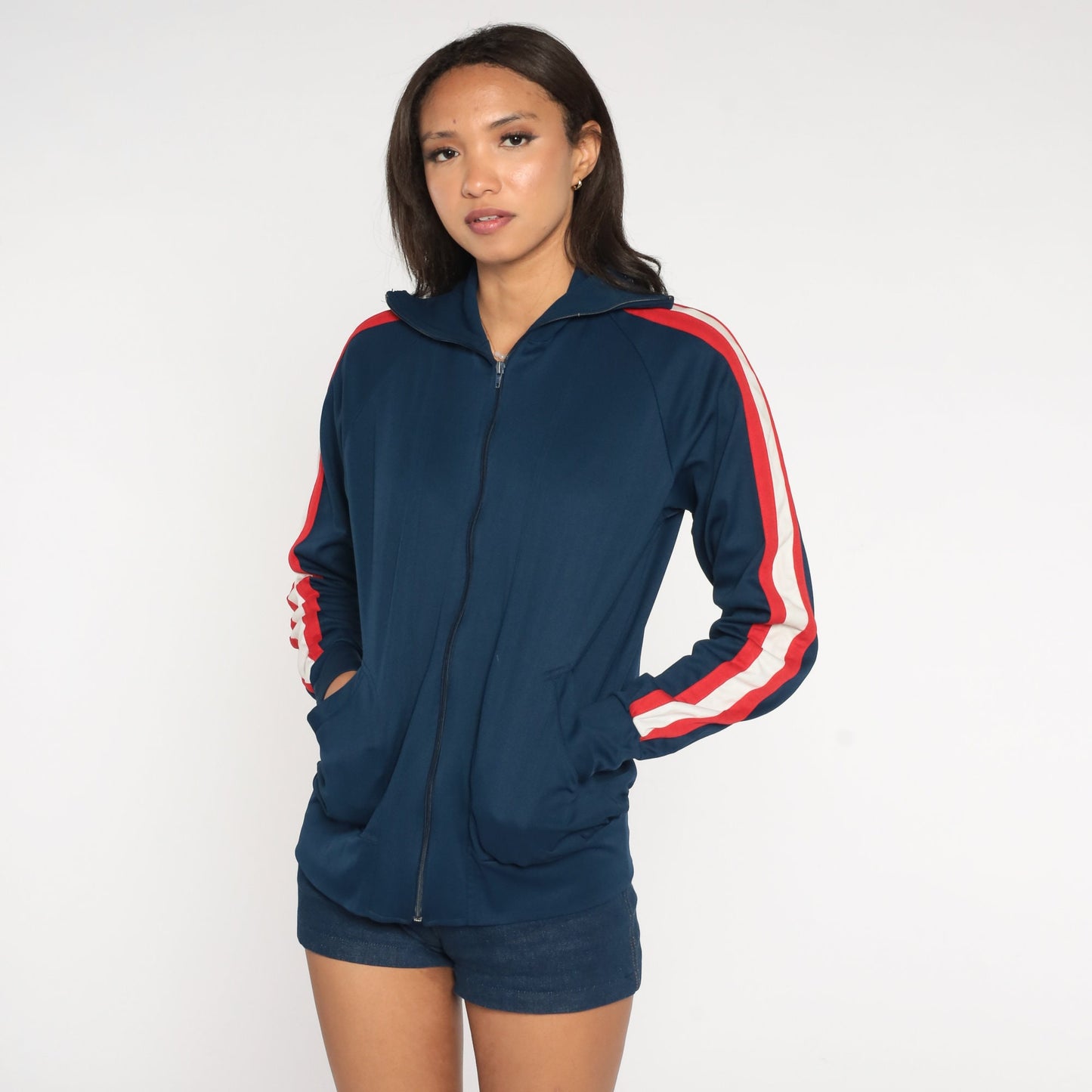 80s Pro Tour Track Jacket Navy Blue Red White Stripe Zip Raglan Medium