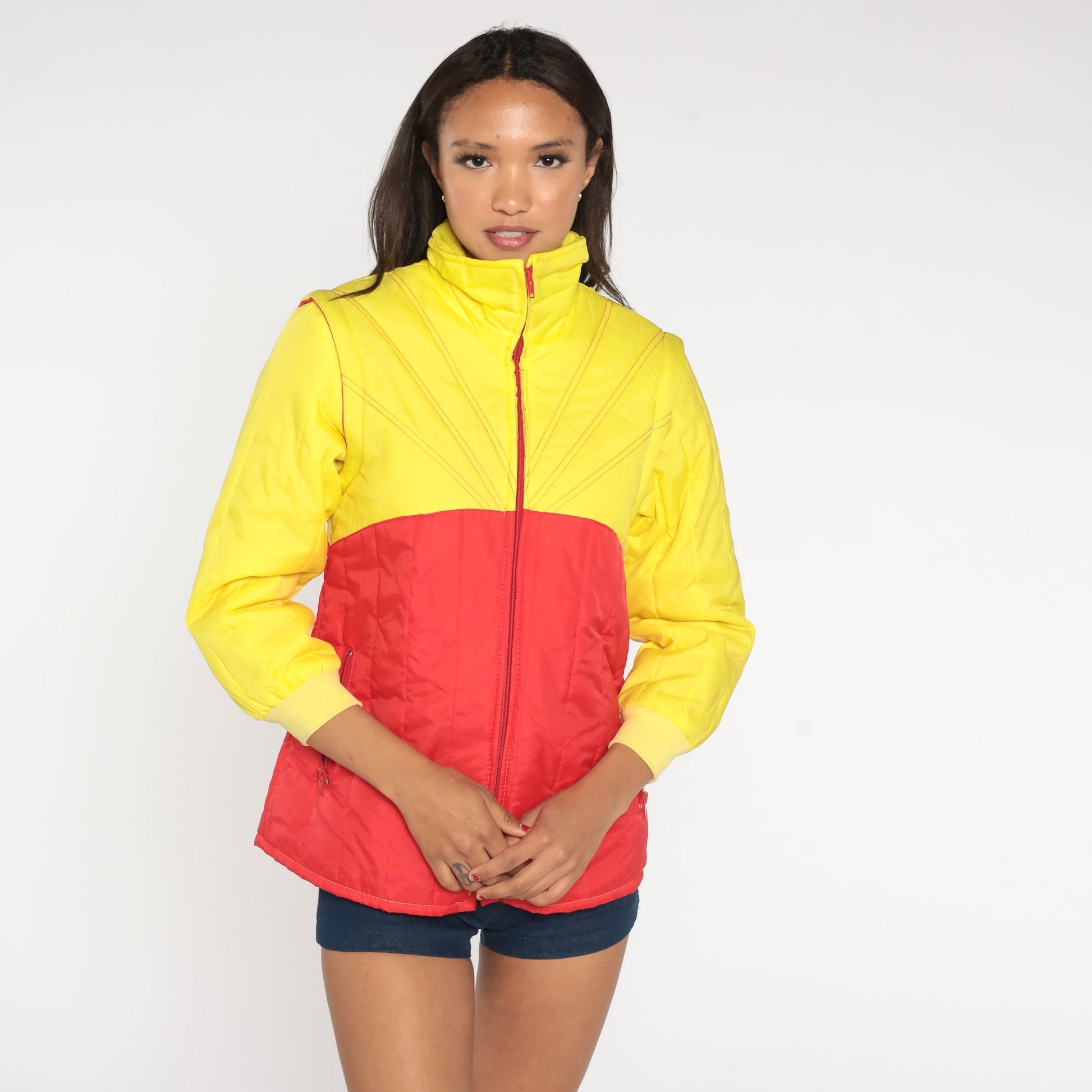 70s Yellow Red Colour Block Puffer Ski Jacket Convertible Zip Sleeves Extra Small