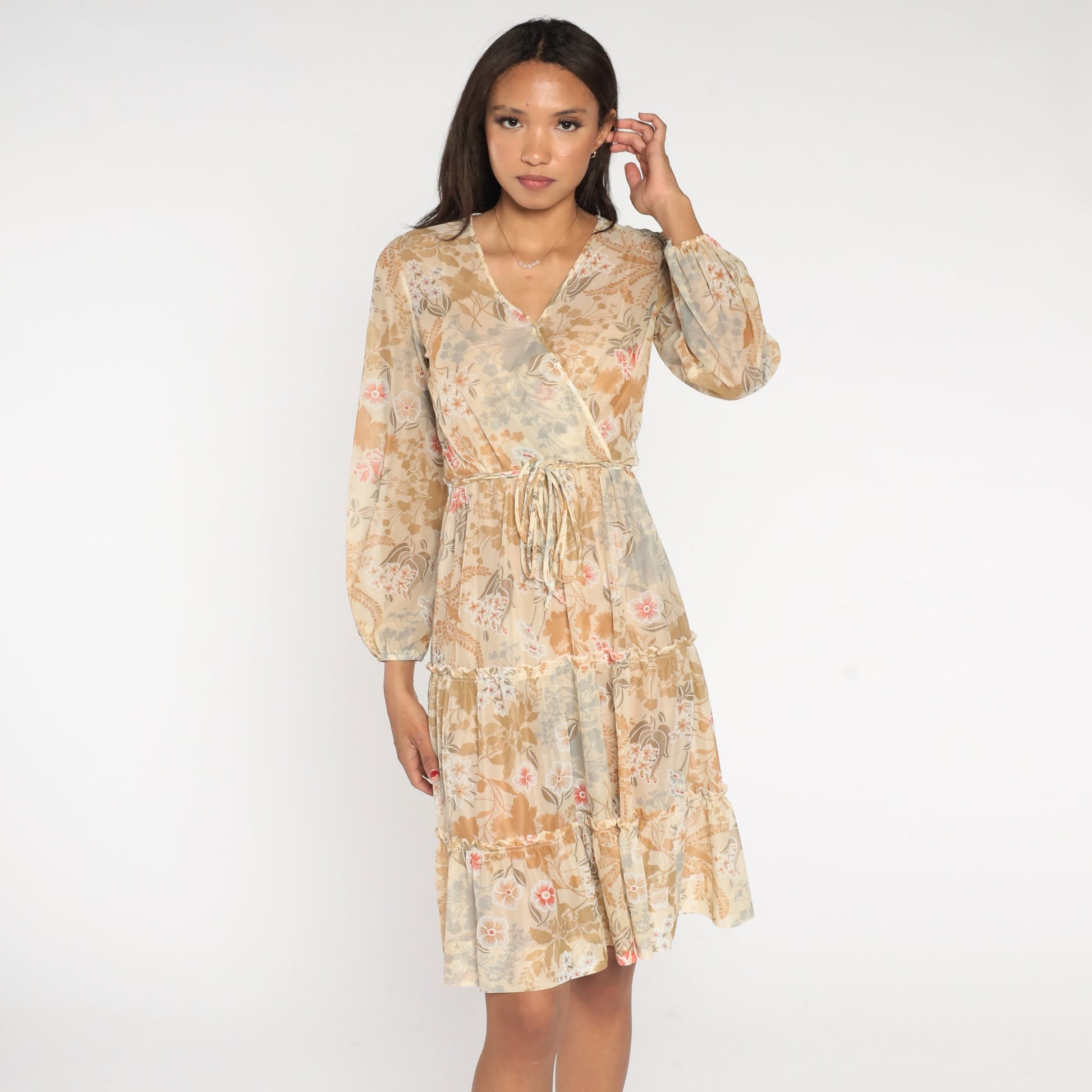 70s Sheer Floral Midi Dress Faux Wrap V Neck Tiered Long Sleeve Cream Small