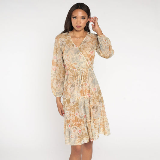 70s Sheer Floral Midi Dress Faux Wrap V Neck Tiered Long Sleeve Cream Small
