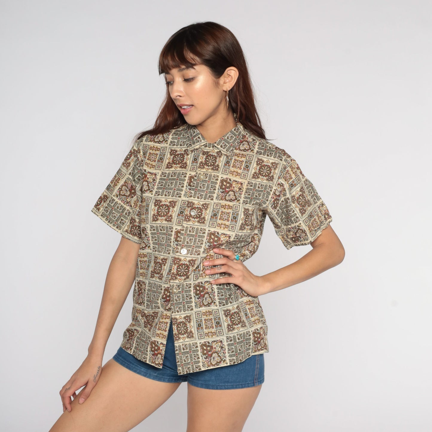 60s Geometric Print Button-Up Shirt Brown Cream Leaf Short Sleeve Medium