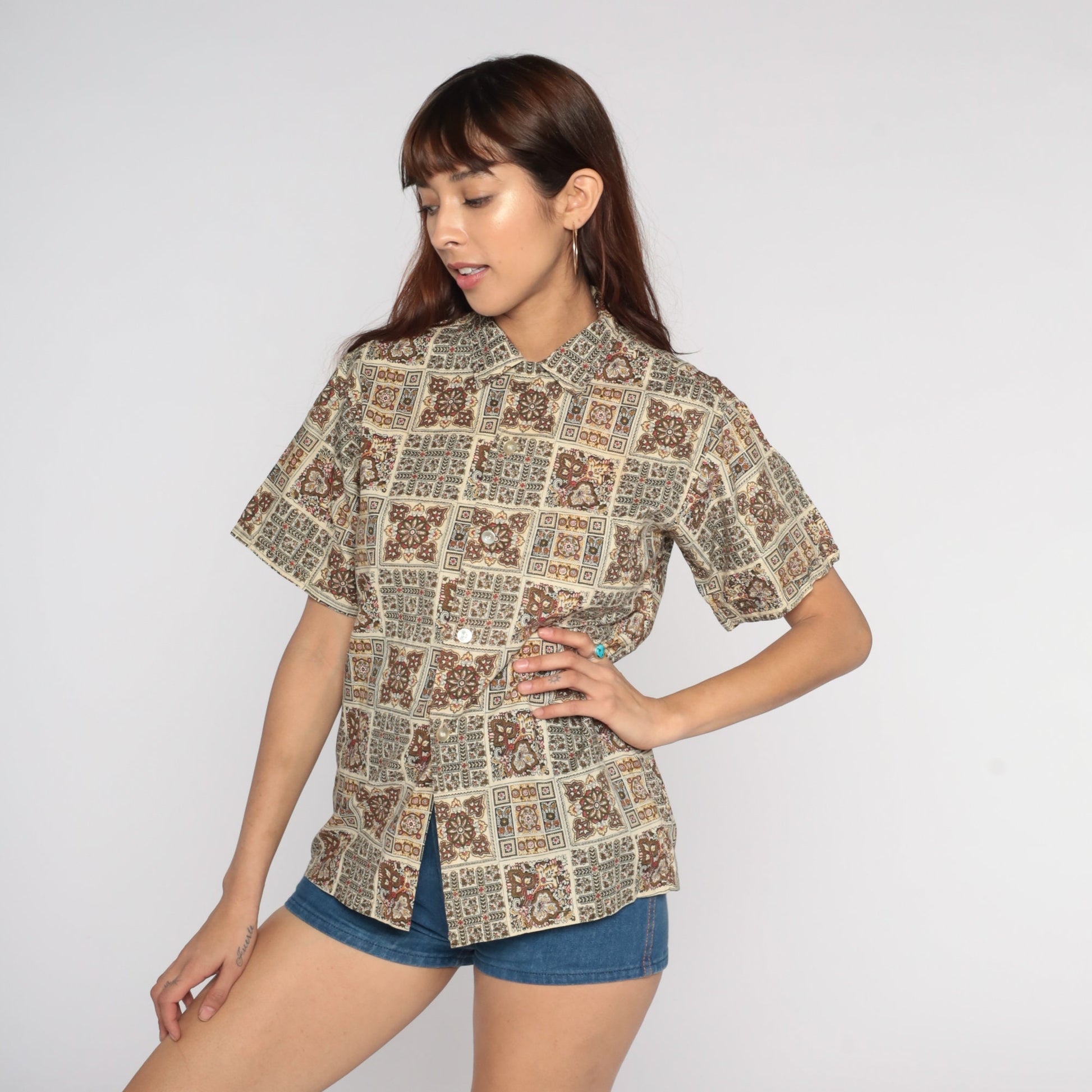 60s Geometric Print Button-Up Shirt Brown Cream Leaf Short Sleeve Medium