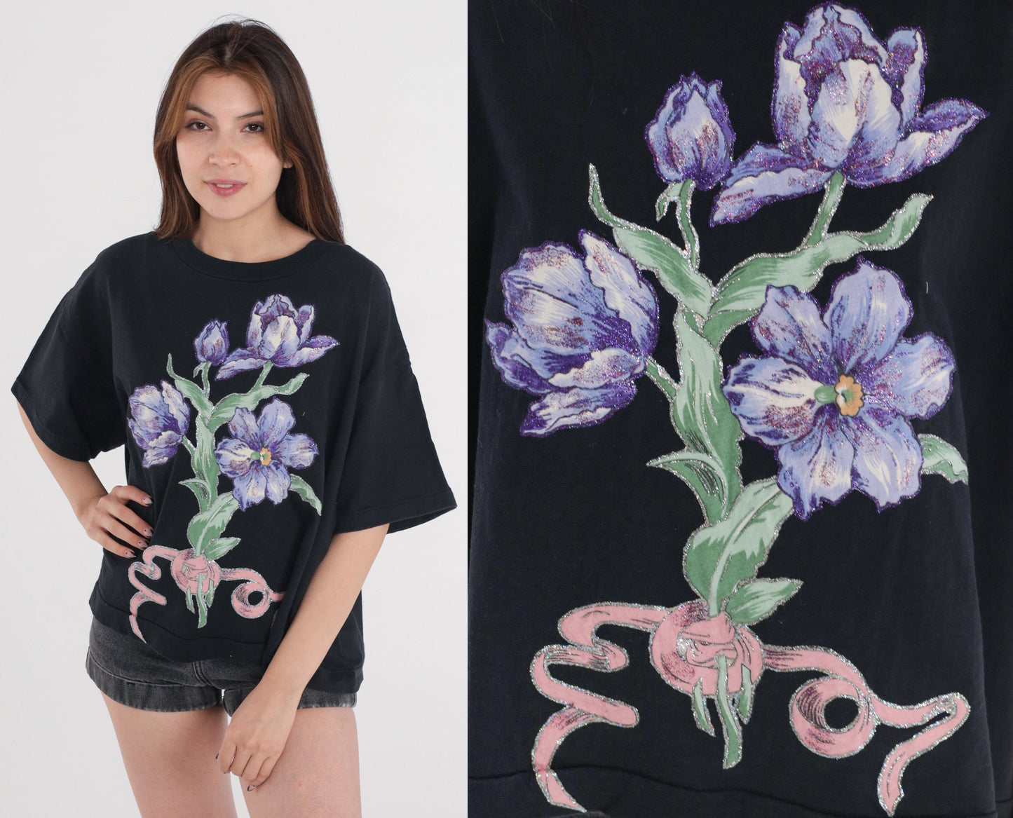 90s Black Floral Glitter T-Shirt Graphic Tee Bouquet Print Extra Large XL