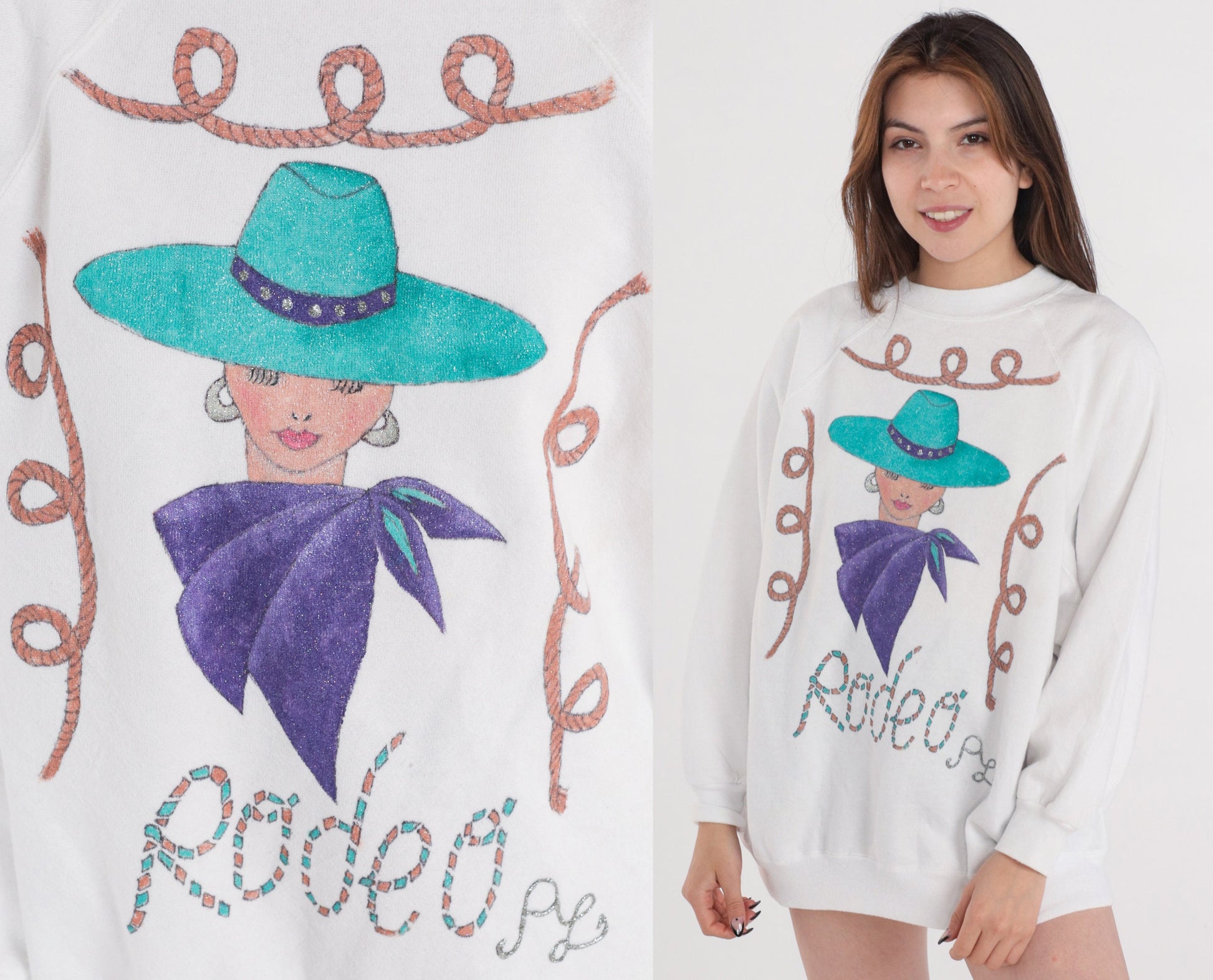 90s Rodeo Cowgirl Glitter Sweatshirt White Raglan Crewneck Pullover Extra Extra Large XXL