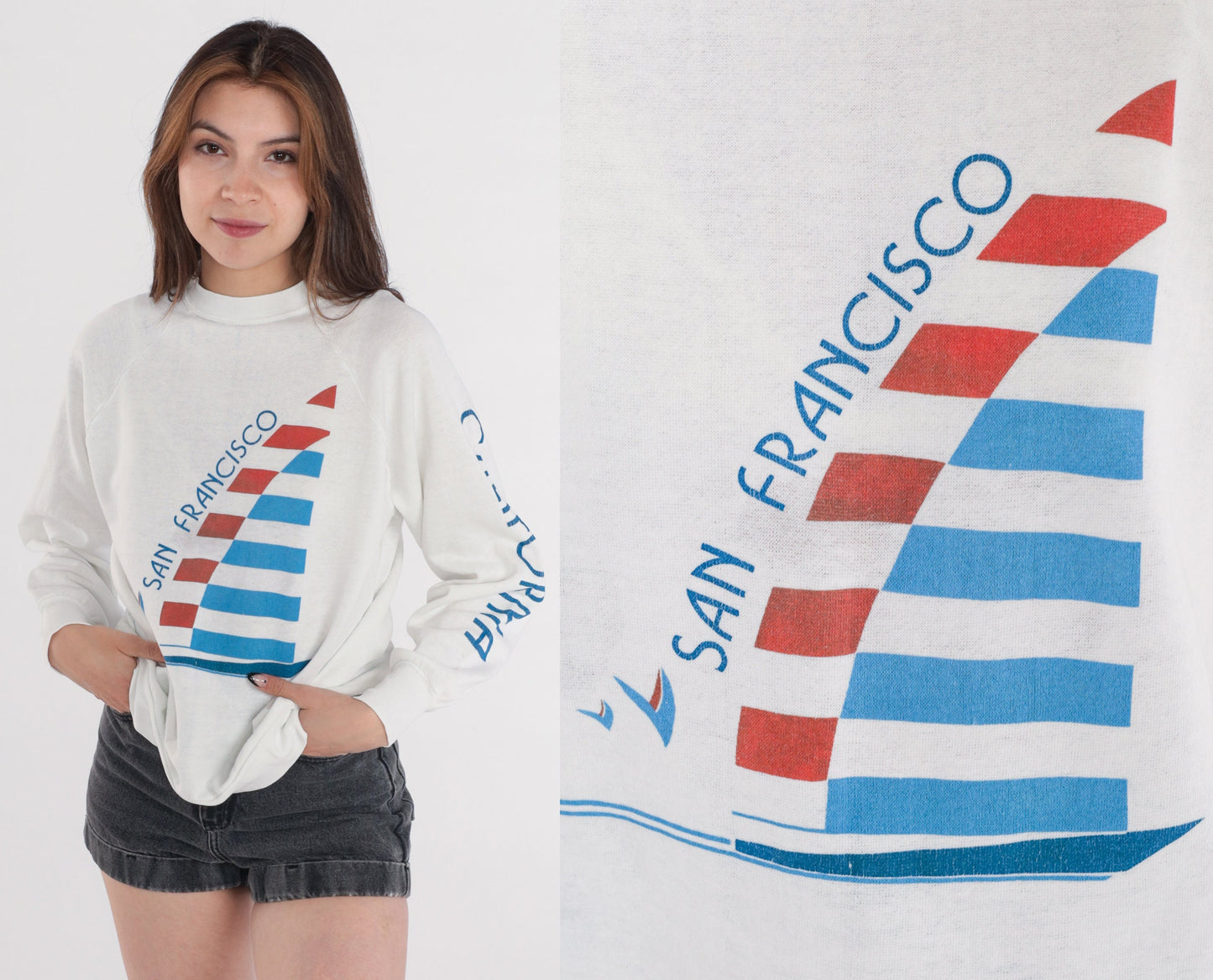 80s San Francisco California Sailboat Graphic Sweatshirt White Raglan Small