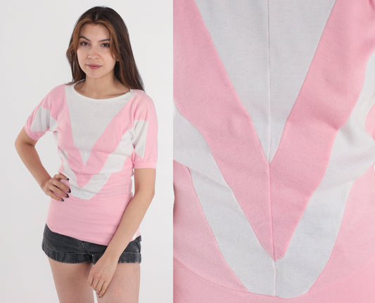 80s Fame Pink White Chevron Striped T-Shirt Banded Hem Extra Small