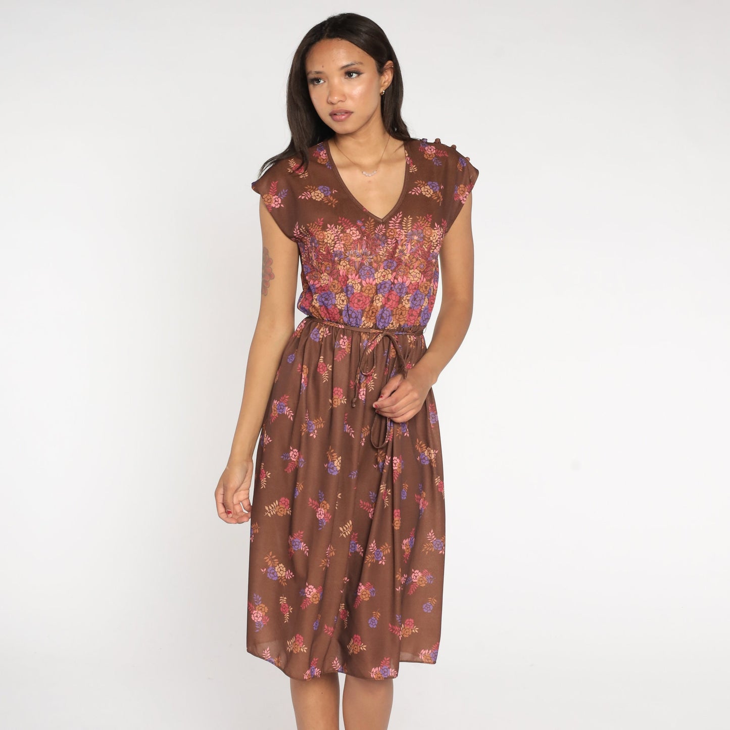 70s Floral Midi Dress Brown Semi-Sheer Deep V Neck Cap Sleeve High Waist Medium