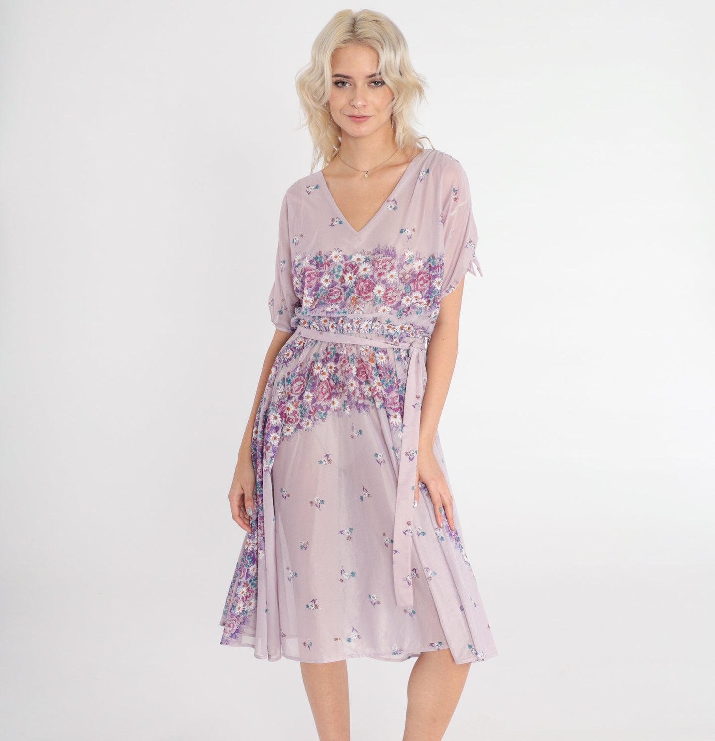 70s Lavender Floral Midi Dress High Waisted Sheer Purple Small Medium