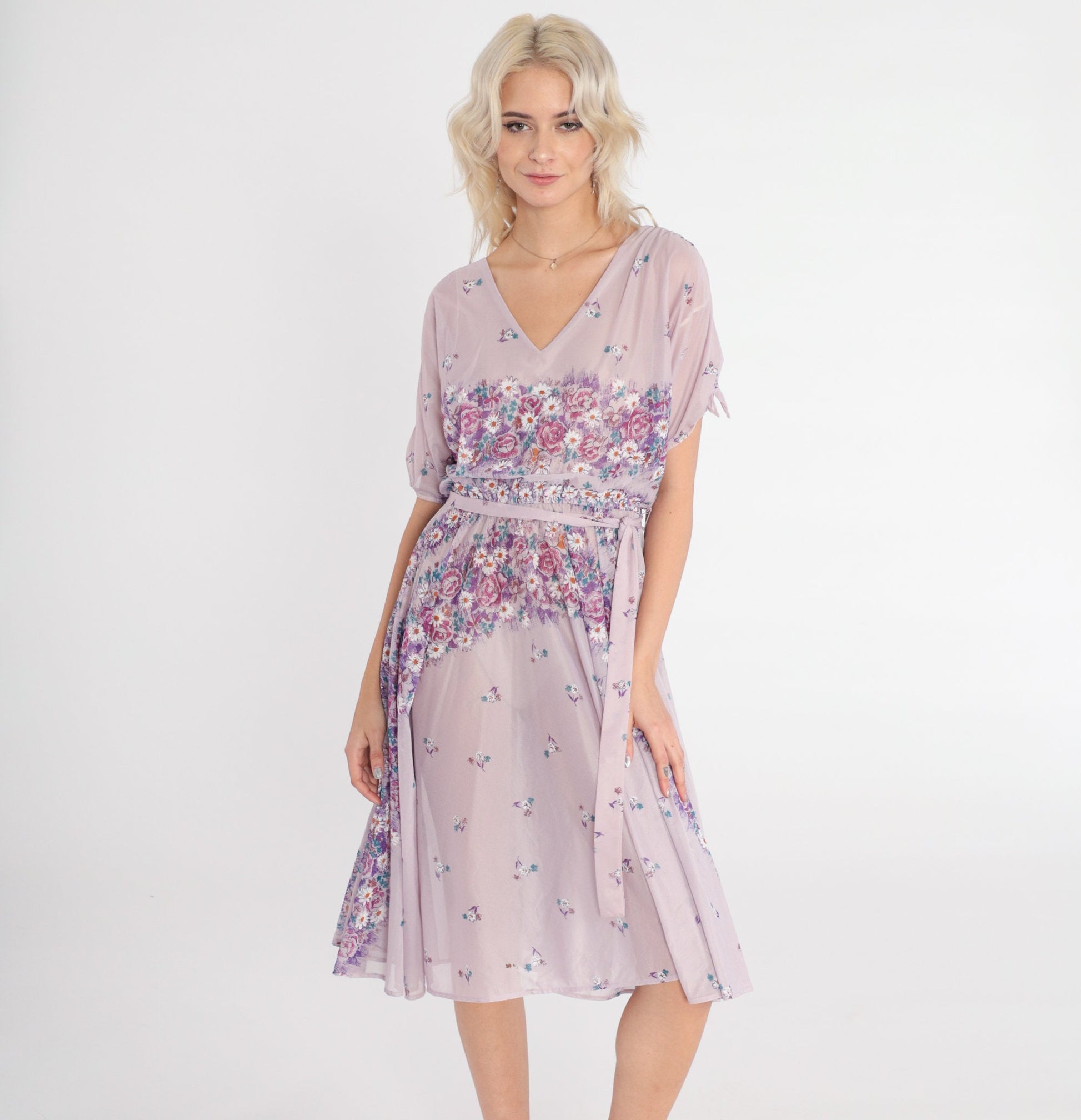 70s Lavender Floral Midi Dress High Waisted Sheer Purple Small Medium