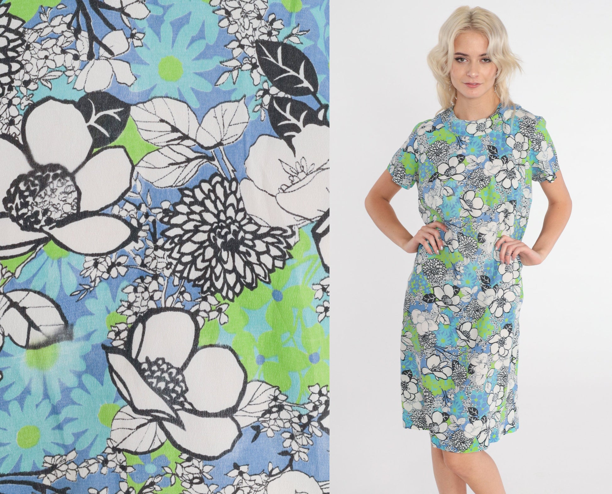 60s Floral Print Shift Dress Mini Blue Green Mod Round Collar Medium