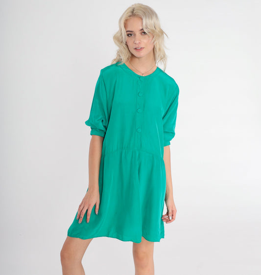 90s Nina Piccalina Green Mini Dress Button-Up Short Sleeve Medium