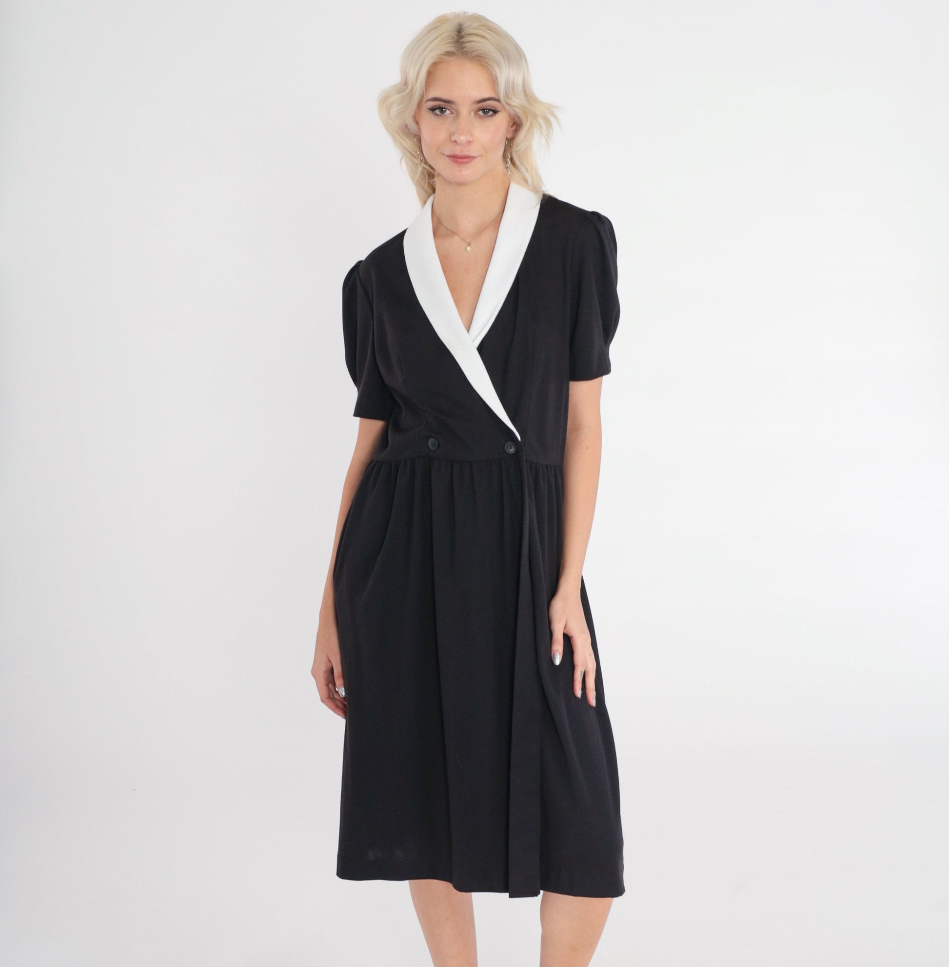 80s Black and White Collared Midi Wrap Dress Puff Sleeve High Waist Medium